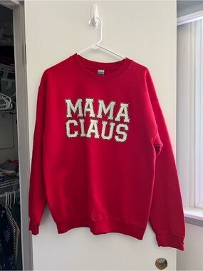 Red Crewneck Sweatshirt with 'MAMA CLAUS' Text
